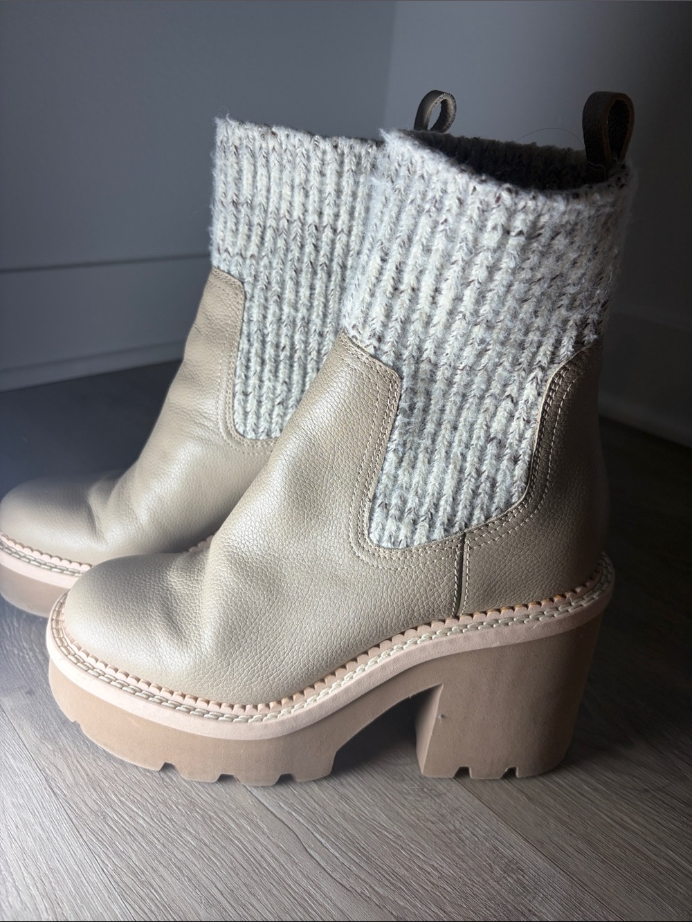 Dolce Vita Beige Knit-Cuff Platform Ankle Boots